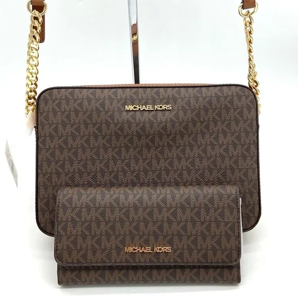 Michael Kors Large EW Crossbody Bag Large Trifold Wallet Brown/Gold